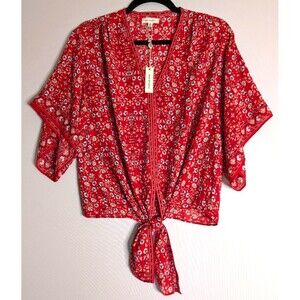 Max Studio Top Tie Front Kimono Sleeve Red Floral Blouse Size M